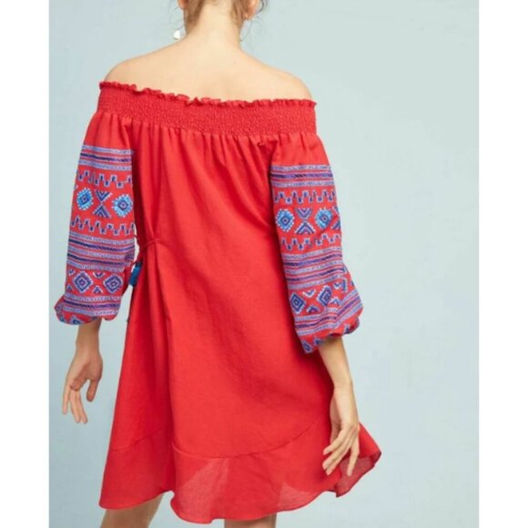 Anthropologie Off Shoulder Embroidered Boho Dress Small Red Cotton Summer Tassel - Picture 9 of 10